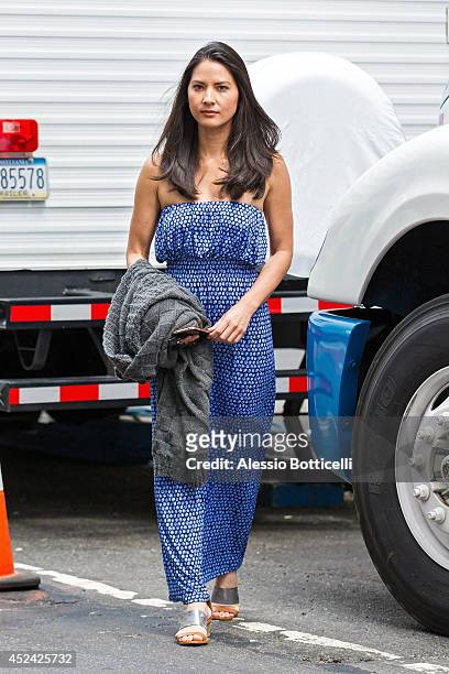 Olivia Munn is seen on location in Times Square for "The Newsroom" on July 19, 2014 in New York City.
