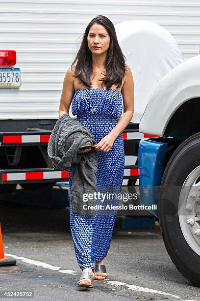 Olivia Munn is seen on location in Times Square for "The Newsroom" on July 19, 2014 in New York City.