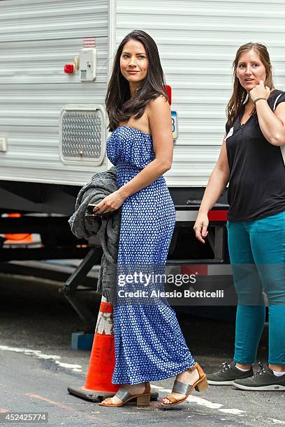 Olivia Munn is seen on location in Times Square for "The Newsroom" on July 19, 2014 in New York City.