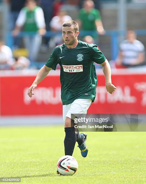 Lewis Stevenson of Hibernian controls the ball during the Pre Season Friendly match between Stirling Albion and Hibernian at Forthbank Stadium on...