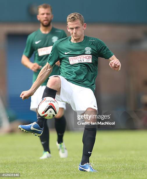 Scott Robertson of Hibernian controls the ball during the Pre Season Friendly match between Stirling Albion and Hibernian at Forthbank Stadium on...