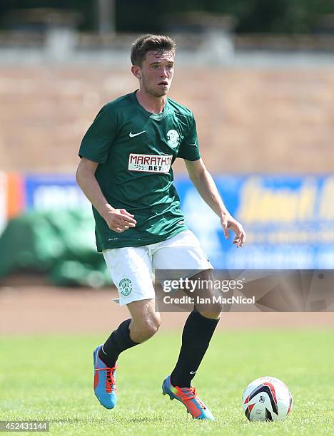 Sam Stanton of Hiberniancontrols the ball during the Pre Season Friendly match between Stirling Albion and Hibernian at Forthbank Stadium on July 20,...