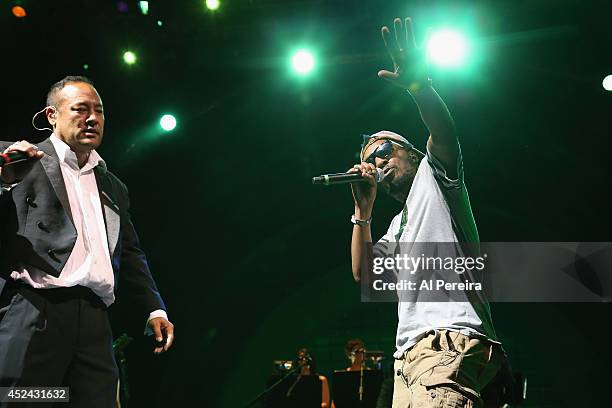 Dan The Automator and rapper Del the Funky Homosapien of the Hip-Hop supergroup Deltron 3030 perform during 2014 Celebrate Brooklyn! at the Prospect...