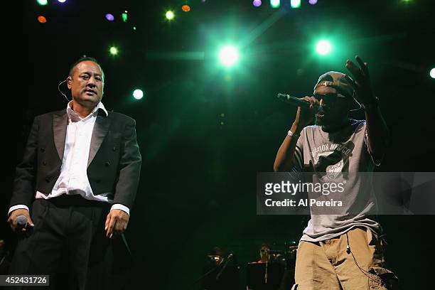 Dan The Automator and rapper Del the Funky Homosapien of the Hip-Hop supergroup Deltron 3030 perform during 2014 Celebrate Brooklyn! at the Prospect...