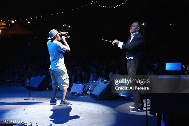 Dan The Automator and rapper Del the Funky Homosapien of the Hip-Hop supergroup Deltron 3030 perform during 2014 Celebrate Brooklyn! at the Prospect...