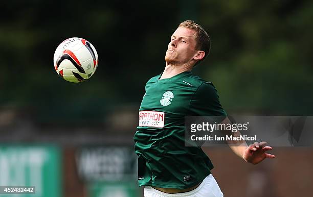 Scott Robertson of Hibernian controls the ball during the Pre Season Friendly match between Stirling Albion and Hibernian at Forthbank Stadium on...