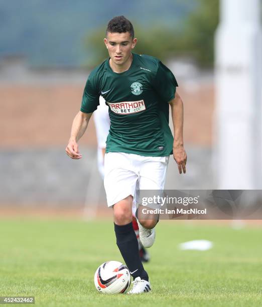 Alex Harris of Hibernian controls the ball during the Pre Season Friendly match between Stirling Albion and Hibernian at Forthbank Stadium on July...