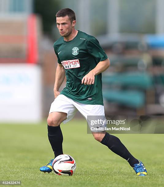 Lewis Stevenson of Hibernian controls the ball during the Pre Season Friendly match between Stirling Albion and Hibernian at Forthbank Stadium on...