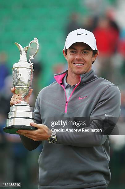 Rory McIlroy of Northern Ireland holds the Claret Jug after his two-stroke victory at The 143rd Open Championship at Royal Liverpool on July 20, 2014...