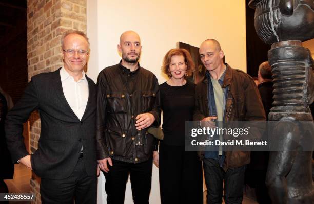 Hans-Ulrich Obrist, Jake Chapman, Julia Peyton-Jones and Dinos Chapman attend the patron's private view of 'Jake and Dinos Chapman: Come and See', a...