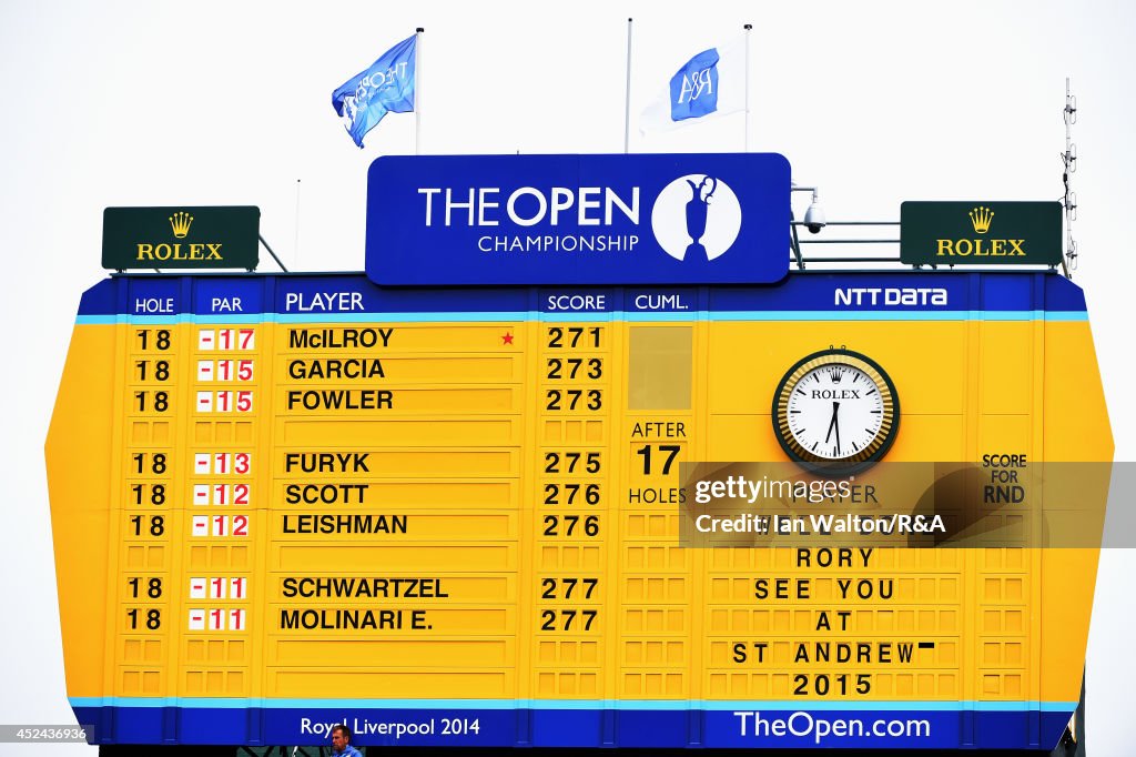 Open Scoreboard A scoreboard on the 18th green shows a congratulatory message for ...