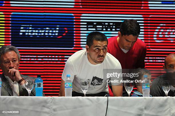 Luis Segura President of Argentinos Jrs and Juan Roman Riquelme attend a press conference after his official unveiling as a new Argentinos Jrs player...