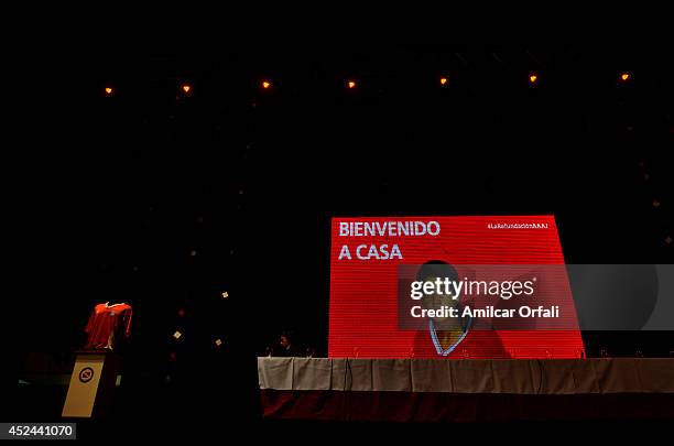 Picture of a young Juan Roman Riquelme is shown prior a press conference after his official unveiling as a new Argentinos Jrs player at Panamericano...