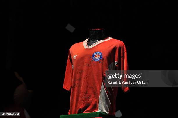 An old Argentinos Jrs jersey is displayed during a press conference after the official unveiling of Juan Roman Riquelme as a new Argentinos Jrs...