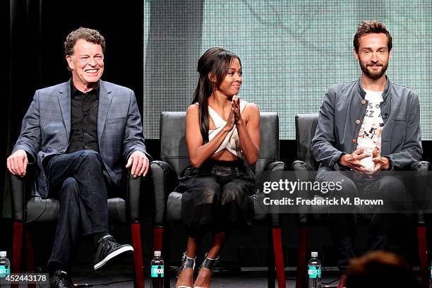 Actors John Noble, Nicole Beharie, and Tom Mison speak onstage at the "Sleepy Hollow" panel during the FOX Network portion of the 2014 Summer...