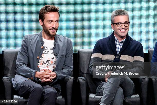 Actors Tom Mison and producer Alex Kurtzman speak onstage at the "Sleepy Hollow" panel during the FOX Network portion of the 2014 Summer Television...