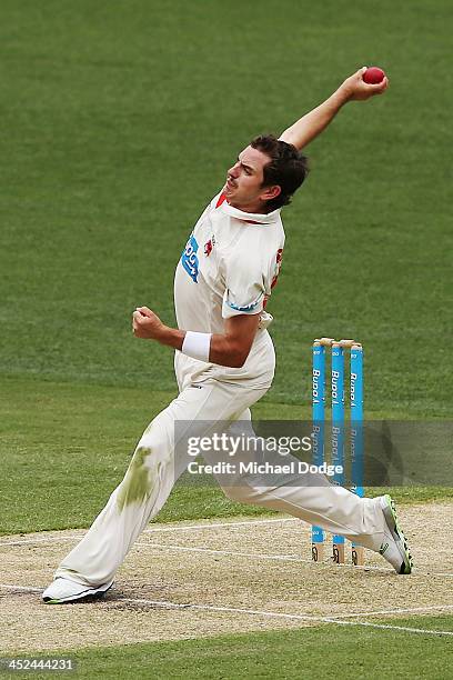 Chadd Sayers of the Redbacks bowls during day one of the Sheffield Shield match between the Victoria Bushrangers and the South Australia Redbacks at...