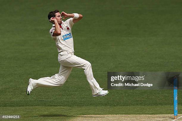 Chadd Sayers of the Redbacks bowls during day one of the Sheffield Shield match between the Victoria Bushrangers and the South Australia Redbacks at...