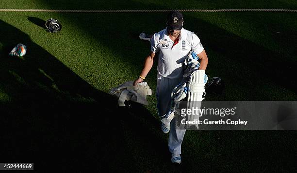 Matt Prior of England leaves the field at the end of day one of the tour match between the Chairman's XI and England at Traeger Park on November 29,...