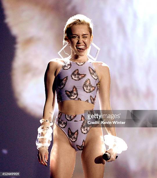 Singer Miley Cyrus performs onstage during the 2013 American Music Awards at Nokia Theatre L.A. Live on November 24, 2013 in Los Angeles, California.