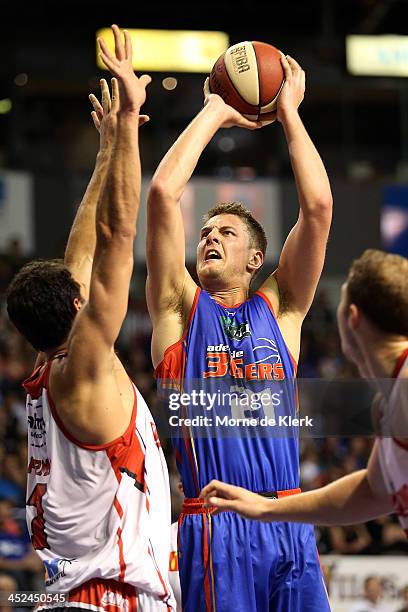 Daniel Johnson of the 36ers goes for the basket during the round eight NBL match between the Adelaide 36ers and the Wollongong Hawks at Adelaide...