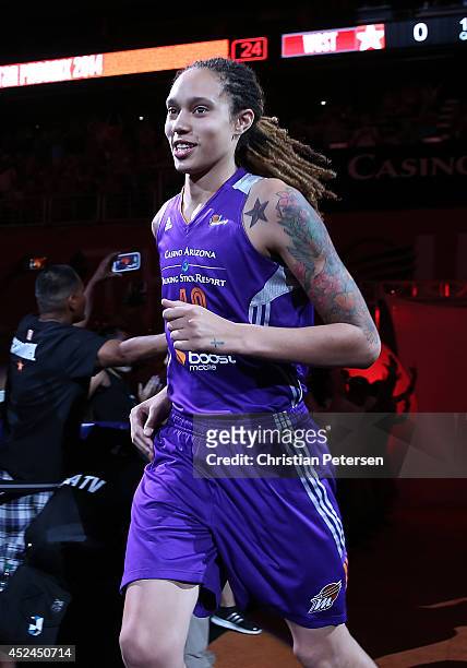 Western Conference All-Star Brittney Griner of the Phoenix Mercury is introduced to the WNBA All-Star Game at US Airways Center on July 19, 2014 in...
