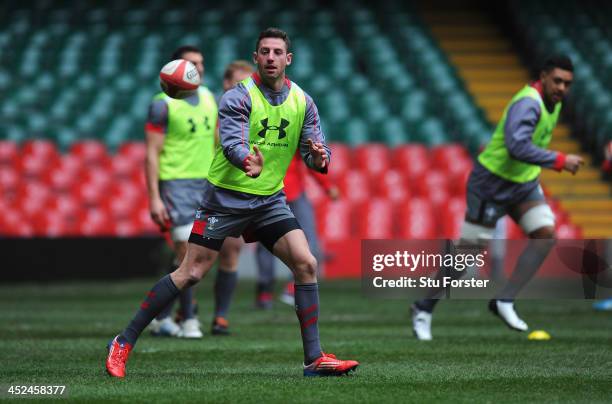 Wales player Alex Cuthbert in action during the Wales captains run, ahead of their game against the Australia Wallabies at the Millennium Stadium on...