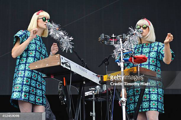 Holly Laessig and Jess Wolfe of Lucius perform during the 2014 Forecastle Music Festival at Louisville Waterfront Park on July 20, 2014 in...