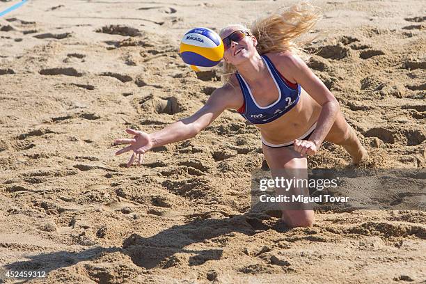 Kathryn Plummer of United States dives for the ball during the FIVB Under 17 World Championship Acapulco 2014 on July 20, 2014 in Acapulco, Mexico.