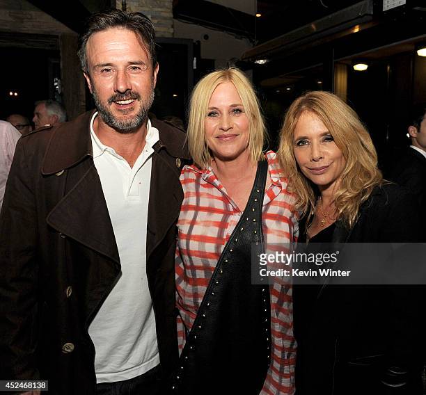 Actors David Arquette, Patricia Arquette and Rosanna Arquette pose at the after party for a special screening of "Boyhood" at the Ipic Theatre on...
