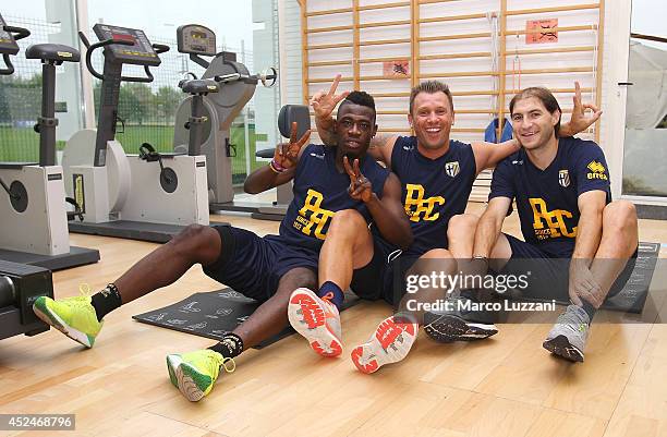 Afriyie Acquah, Antonio Cassano and Gabriel Alejandro Paletta of FC Parma pose as they trainsduring FC Parma Training Session at the club's training...