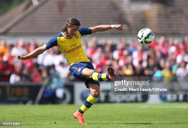 Kristoffer Olsson of Arsenal in action during the pre season friendly match between Borehamwood and Arsenal at Meadow Park on July 19, 2014 in...