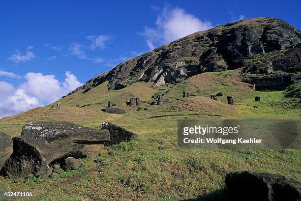 Chile, Easter Island, View Of Rano Raraku, Quarry Where Moai Statues Were Carved.