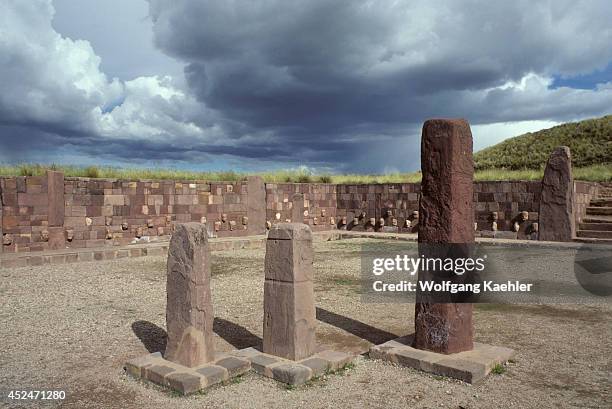 Bolivia, Near La Paz And Lake Titicaca, Tiwanaku Pre-inca Site , Sunken Courtyard With Stelaes And Sculptured Heads In Walls.