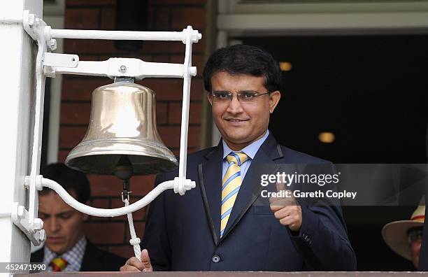 Former Indian batsman Sourav Ganguly rings the five minute bell ahead of day five of 2nd Investec Test match between England and India at Lord's...