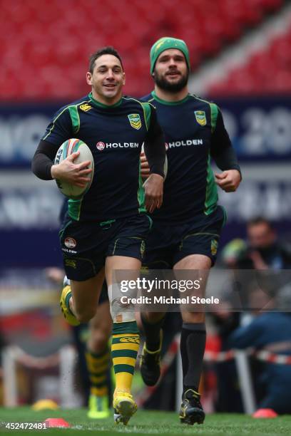 Billy Slater alongside Nate Myles during the Australia training session at Old Trafford on November 29, 2013 in Manchester, England.