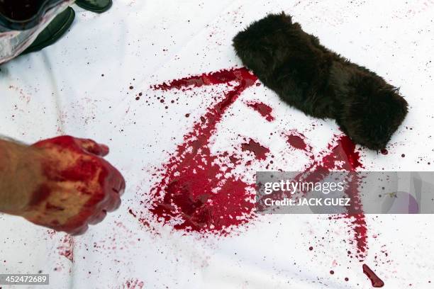 Man draws with fake blood the head of a Jewish orthodox with a fur hat as he attends a fake fashion by anti-fur activists during the Worldwide Fur...