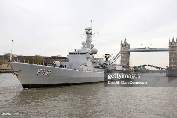 Belgian Frigate Louise Marie sails toward HMS Belfast on November 29, 2013 in London, England. The Belgian frigate transported its cargo of sacred...