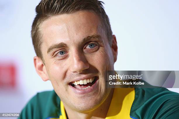 Matthew Cowdrey of Australia speaks to the media at an Australian swim team press conference at the Main Press Centre on July 21, 2014 in Glasgow,...