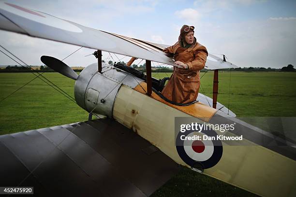 Shuttleworth Collection Pilot Rob Millinship, poses with a Sopwith Pup during a photocall at 'The Shuttlesworth Collection' on July 21, 2014 in...