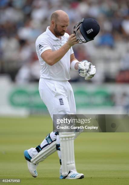 Matt Prior of England leaves the field after being dismissed by Ishant Sharma of India during day five of 2nd Investec Test match between England and...