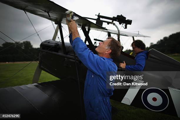 The SE5a is prepared for demonstration flight at 'The Shuttlesworth Collection' at Old Warden on July 21, 2014 in Biggleswade, England. Of the 55,000...