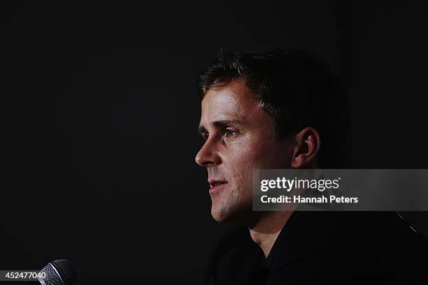 Simon van Velthooven of New Zealand speaks to the media during a Cycling New Zealand press conference ahead of the Commonwealth Games on July 21,...