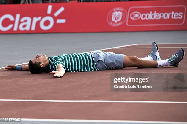 Bernard Tomic of Australia celebrates after winning a tennis match against Ivo Karlovic of Croatia as part of ATP Claro Open Colombia Final on July...