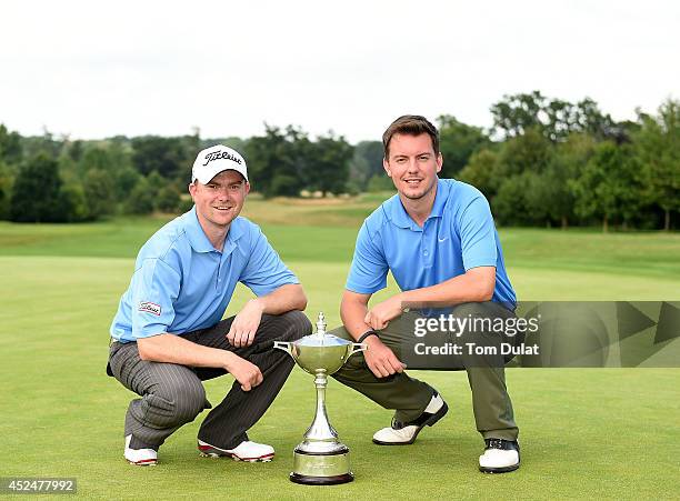 Anthony Williams and Tom Davies of Celtic Manor Resort Ltd pose for photos after winning the Lombard Trophy Midland Regional Qualifier at Lambourne...