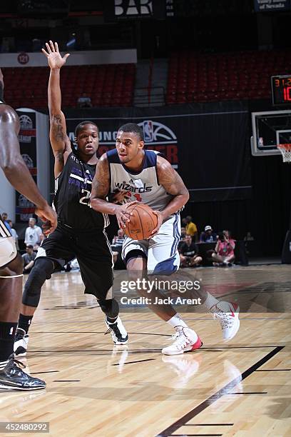 Glen Rice Jr. #14 of the Washington Wizards drives to the basket against the Sacramento Kings at the Samsung NBA Summer League 2014 on July 20, 2014...