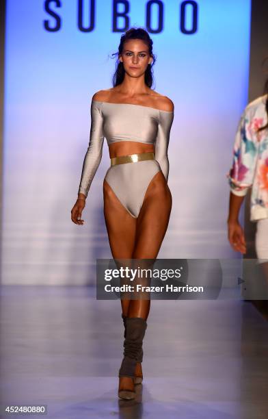 Model walks the runway during Suboo show at Mercedes-Benz Fashion Week Swim 2015 at The Raleigh on July 20, 2014 in Miami Beach, Florida.