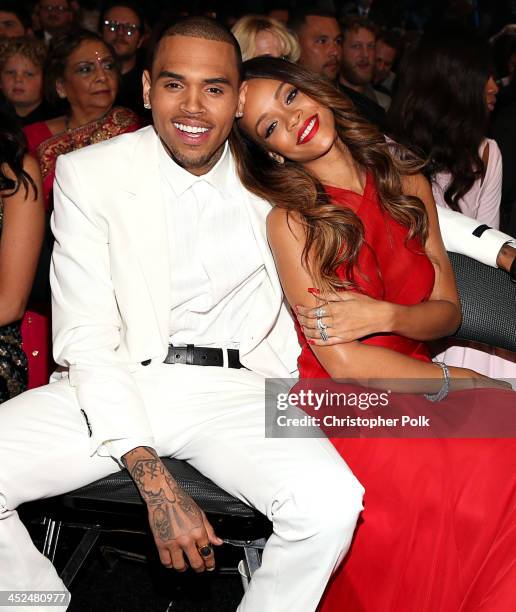 Chris Brown and Rihanna attend the 55th Annual GRAMMY Awards at STAPLES Center on February 10, 2013 in Los Angeles, California.