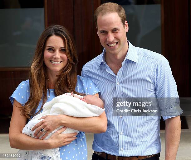 Prince William, Duke of Cambridge and Catherine, Duchess of Cambridge, depart The Lindo Wing with their newborn son at St Mary's Hospital on July 23,...