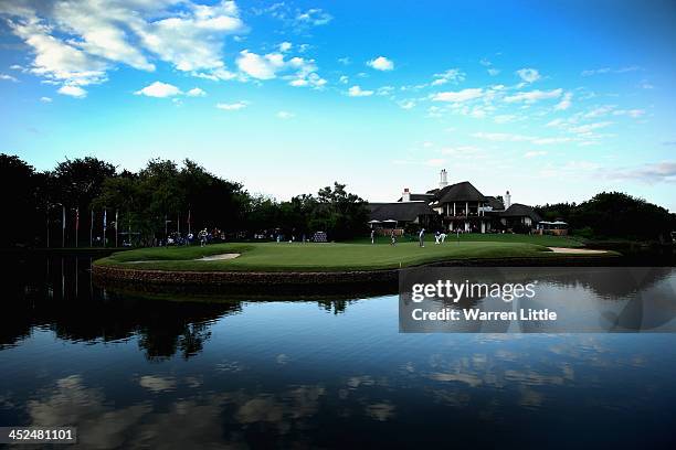 The 18th green is pictured during the second round of the Alfred Dunhill Championship at Leopard Creek Country Club on November 29, 2013 in Malelane,...